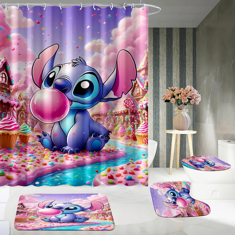 MINISO  Cartoon Home Bathroom Set, Non Slip Floor Mats, U-shaped Mats, Toilet Seat Pads, Waterproof Shower Curtains with Hooks