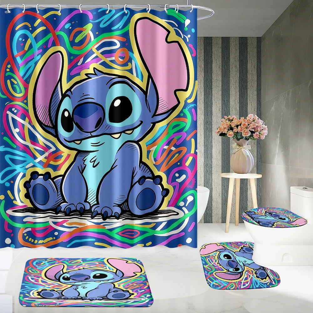 MINISO Cartoon Home Bathroom Set, Non Slip Floor Mats, U-shaped Mats, Toilet Seat Pads, Waterproof Shower Curtains with Hooks
