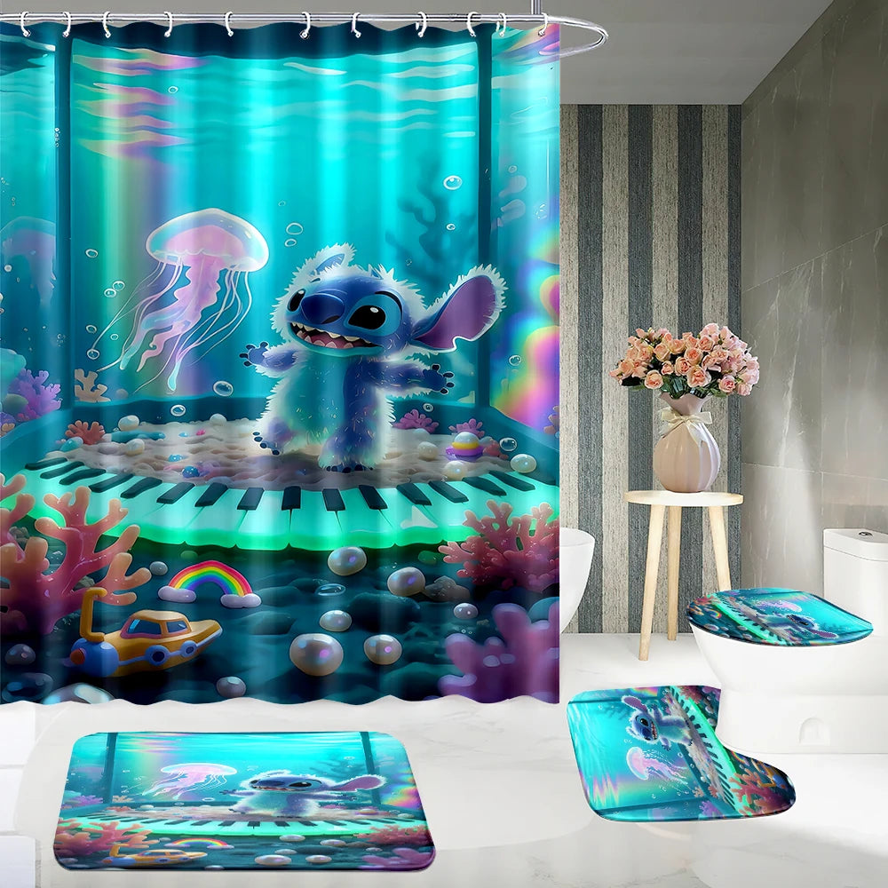 MINISO  Cartoon Home Bathroom Set, Non Slip Floor Mats, U-shaped Mats, Toilet Seat Pads, Waterproof Shower Curtains with Hooks