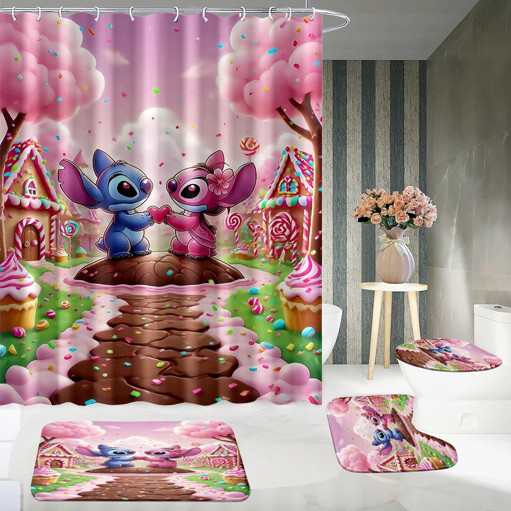 MINISO Cartoon Home Bathroom Set, Non Slip Floor Mats, U-shaped Mats, Toilet Seat Pads, Waterproof Shower Curtains with Hooks