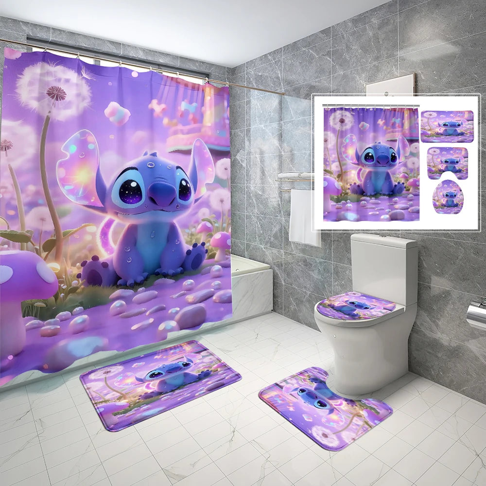 MINISO Cartoon Home Bathroom Set, Non Slip Floor Mats, U-shaped Mats, Toilet Seat Pads, Waterproof Shower Curtains with Hooks