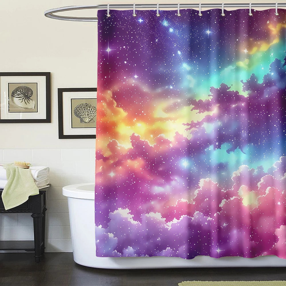 1/4 Piece Colorful Milky Way Starry Sky Shower Curtain Bathroom Set Anti Slip Floor Mat U-shaped Floor Mat with Hook Toilet Seat