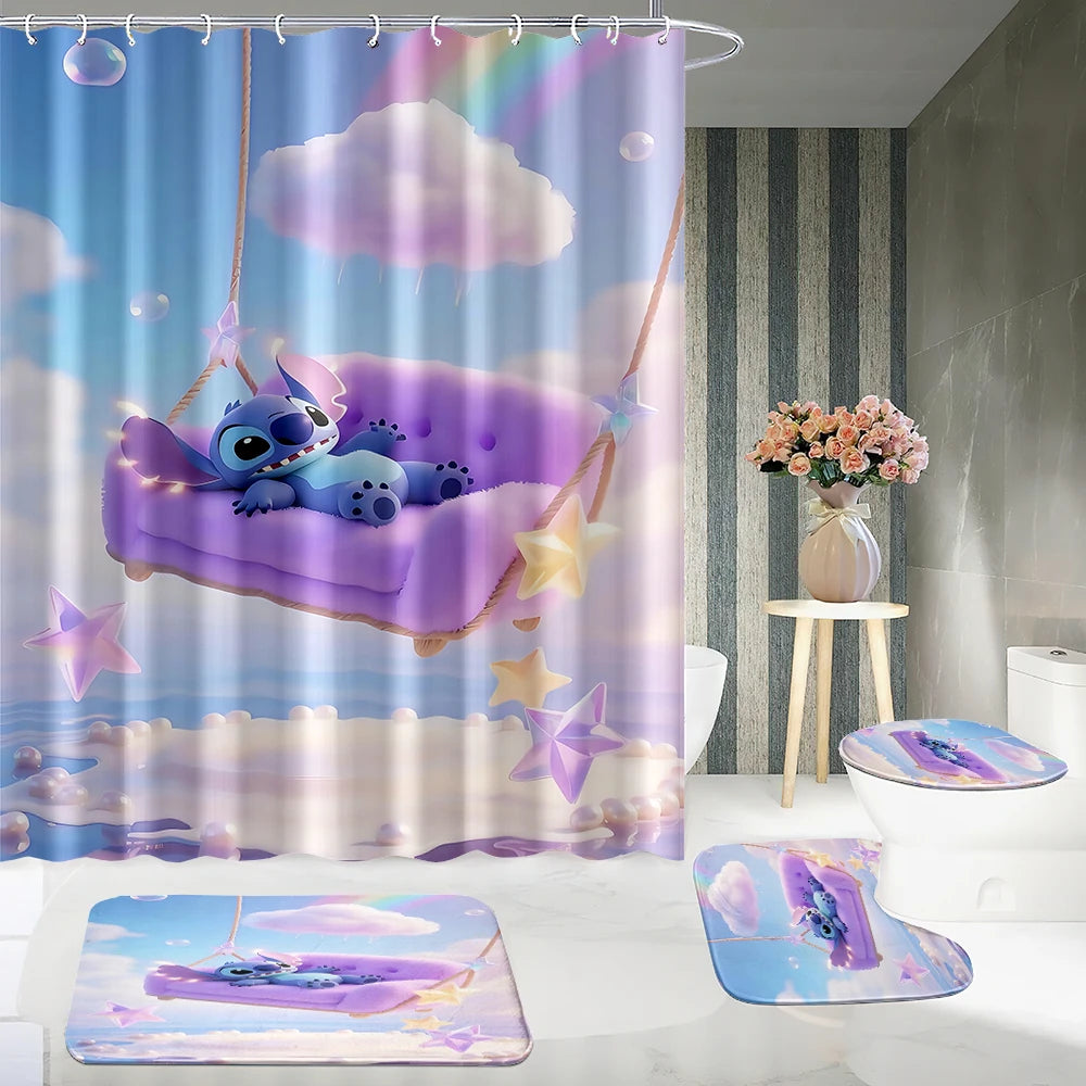 MINISO  Cartoon Home Bathroom Set, Non Slip Floor Mats, U-shaped Mats, Toilet Seat Pads, Waterproof Shower Curtains with Hooks