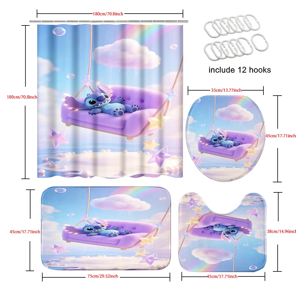 MINISO Cartoon Home Bathroom Set, Non Slip Floor Mats, U-shaped Mats, Toilet Seat Pads, Waterproof Shower Curtains with Hooks