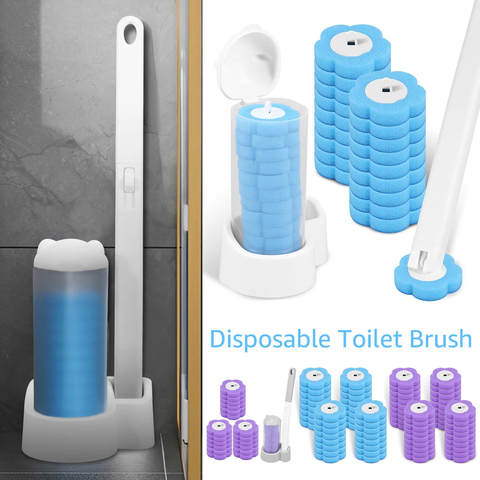 Disposable Toilet Brush Kit Wall-Mounted Bathroom Long Handle Cleaning Tool with Toilet Brush Refill  Accessories Cleaning