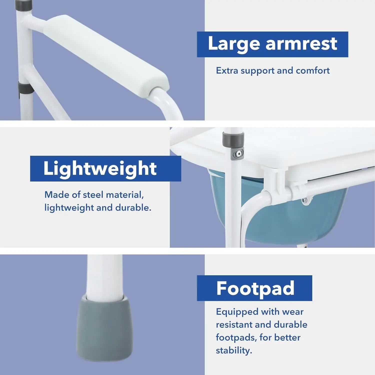 Commode Chair Shower Seat for Toilet Bathroom Bedside Height Adjustable Seating with Arms Removable Bucket for Senior and D