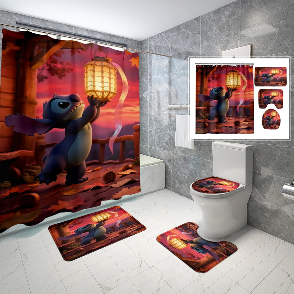 MINISO  Cartoon Home Bathroom Set, Non Slip Floor Mats, U-shaped Mats, Toilet Seat Pads, Waterproof Shower Curtains with Hooks