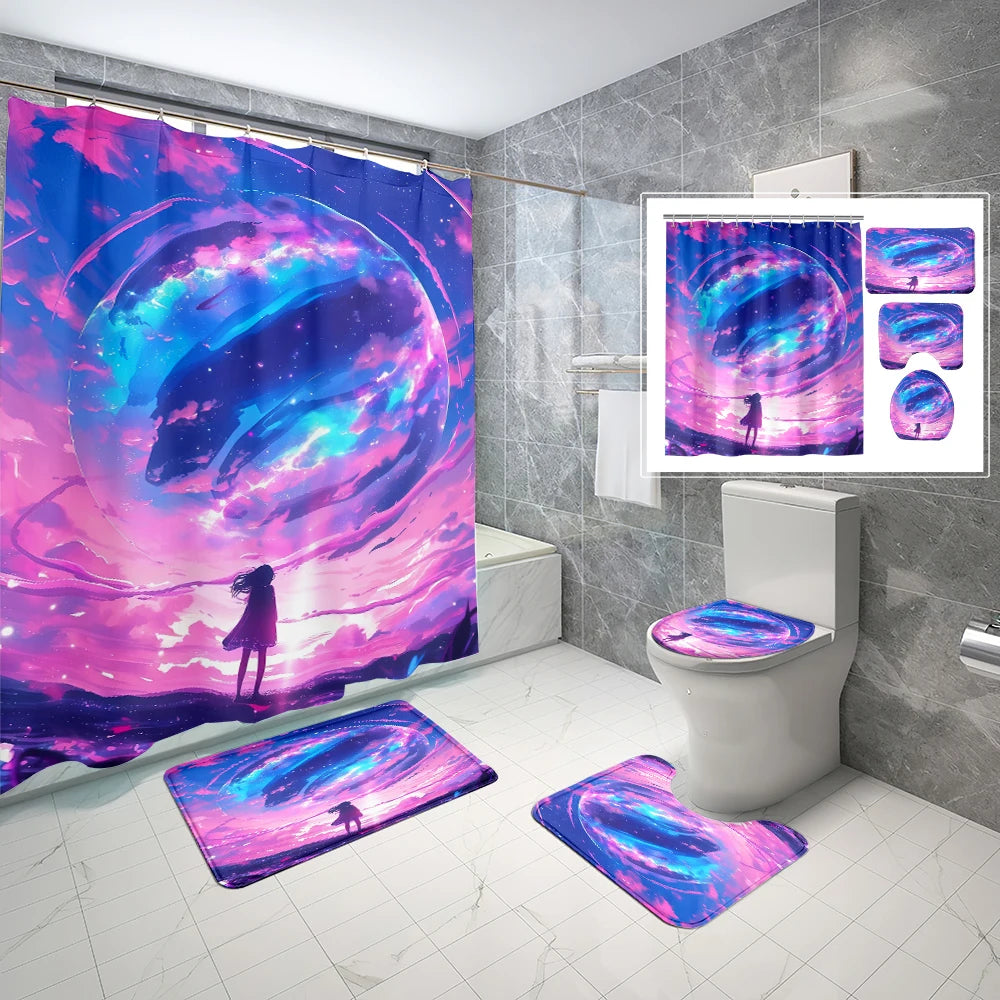 1/4 Piece Colorful Milky Way Starry Sky Shower Curtain Bathroom Set Anti Slip Floor Mat U-shaped Floor Mat with Hook Toilet Seat