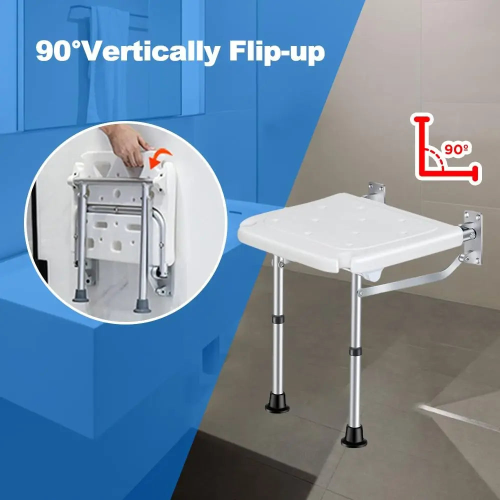 ngzhe Folding Bench Wall Mounted Flip-up Ba Seat Screw-in Bathroom Chair Stool wi Non-Slip Feet Drainage Holes Head Slot for E