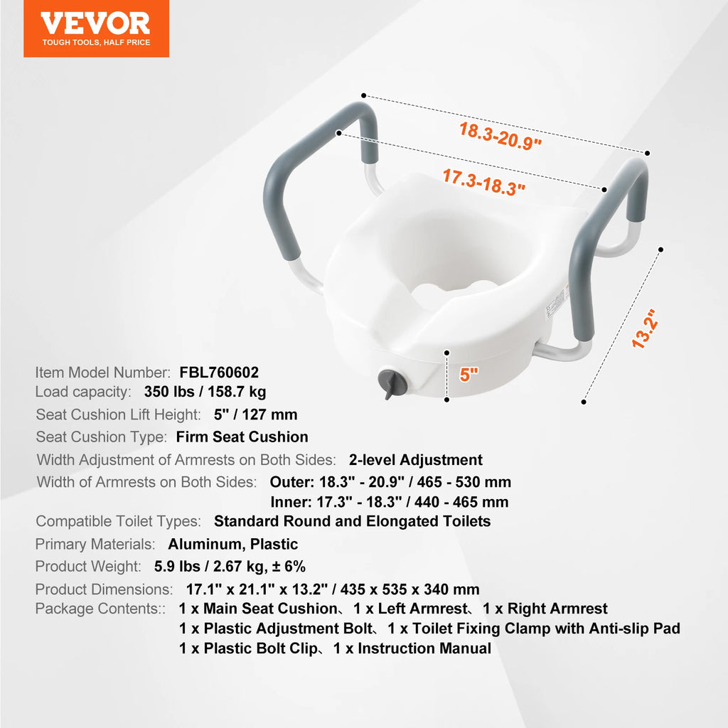 SucceBuy Raised Toilet Seat 5" Height Raised 350 lbs Weight Capacity Round and Elongated Toilet Twist Lock Installation Elderly