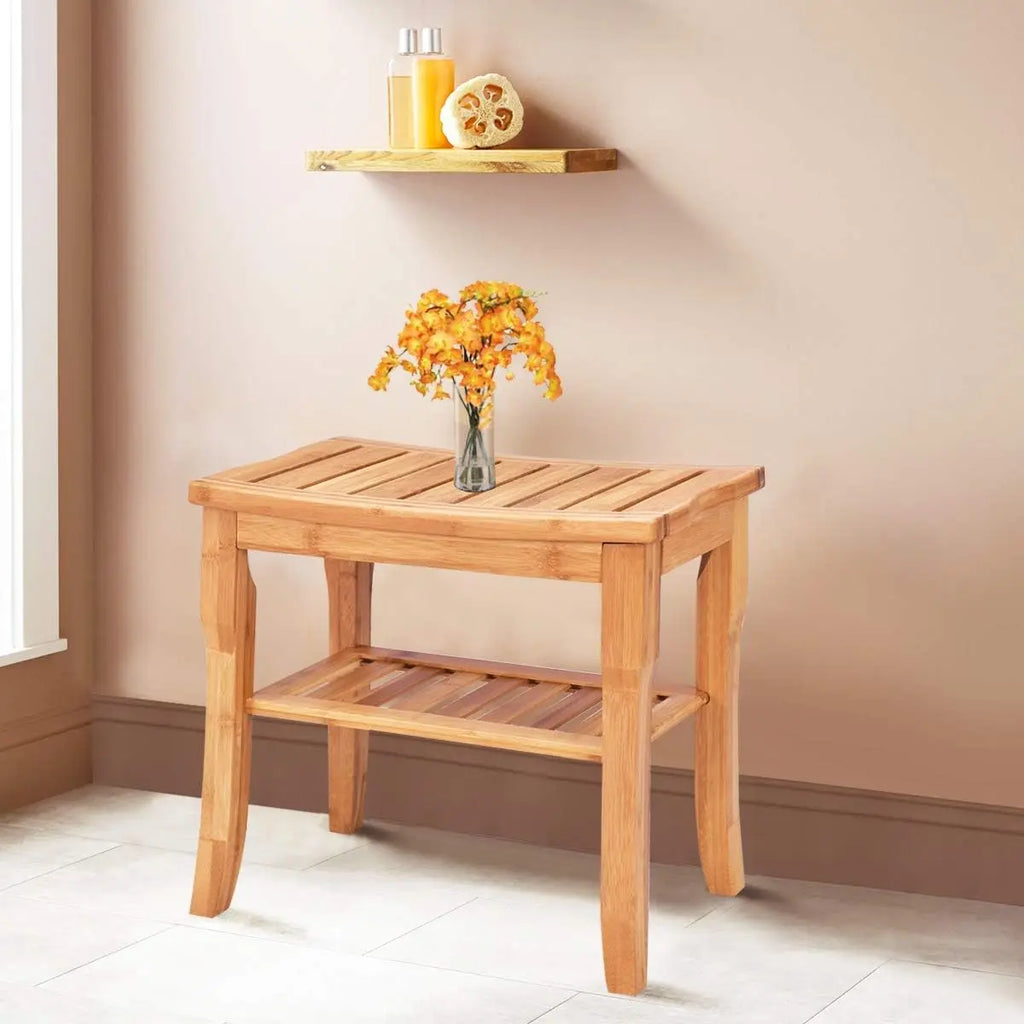 Bamboo Shower Seat Bench Bathroom Spa Bathroom Organiser Stool with Shelf