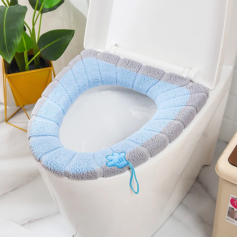 Winter Warm Toilet Seat Cover Mat Bathroom Toilet Pad Cushion with Handle Thicker Soft Washable Closestool Warmer Accessories