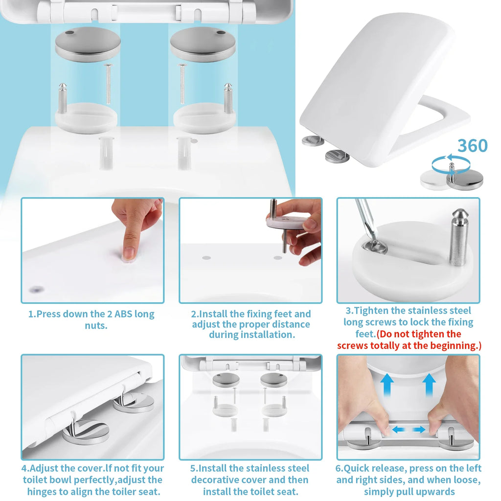 Square Slow-Close Toilet Seat Lid Cover Set Quick Release Thicken Replacement Universal Easy Installation For Home