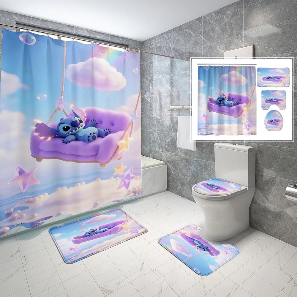 MINISO Cartoon Home Bathroom Set, Non Slip Floor Mats, U-shaped Mats, Toilet Seat Pads, Waterproof Shower Curtains with Hooks