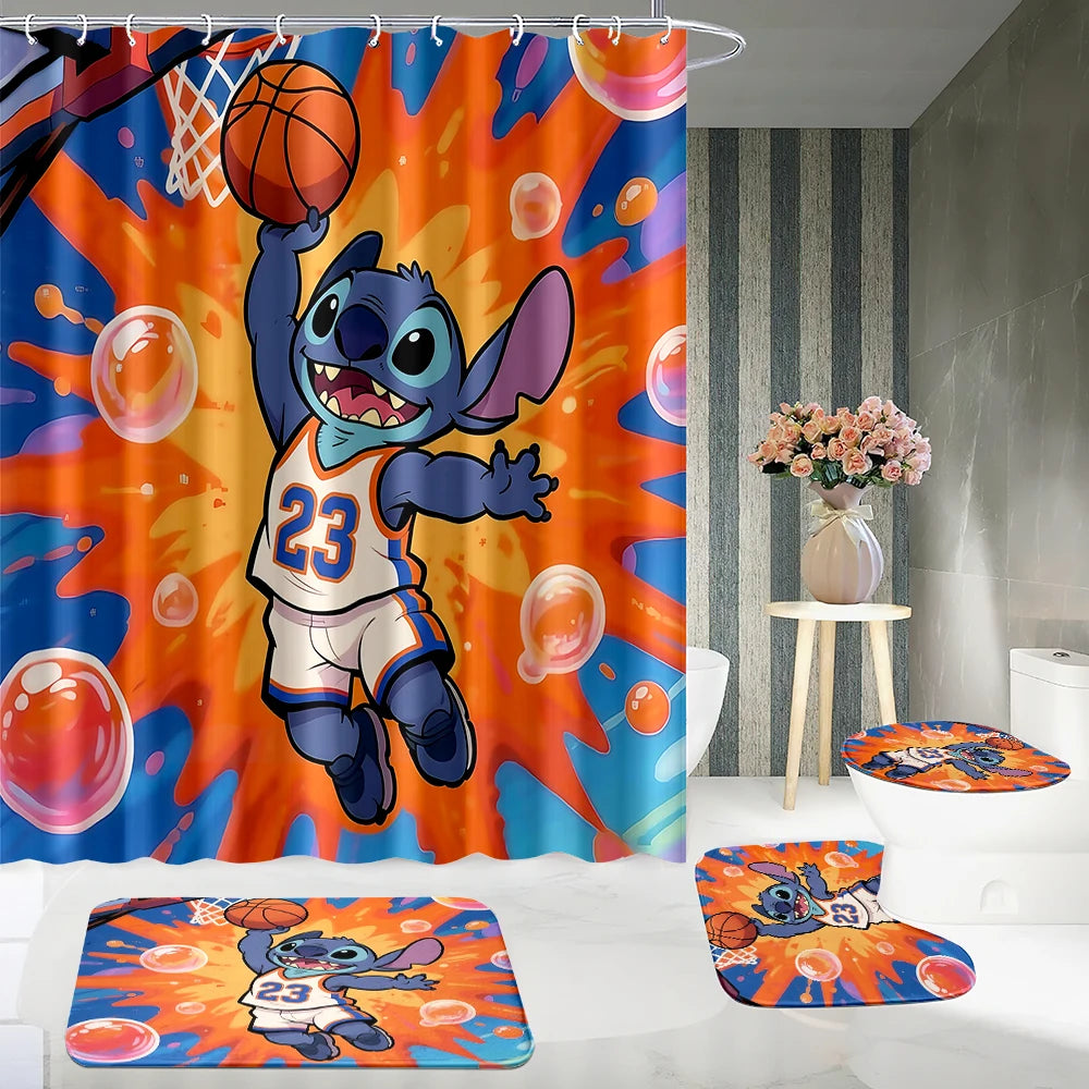 MINISO Cartoon Home Bathroom Set, Non Slip Floor Mats, U-shaped Mats, Toilet Seat Pads, Waterproof Shower Curtains with Hooks