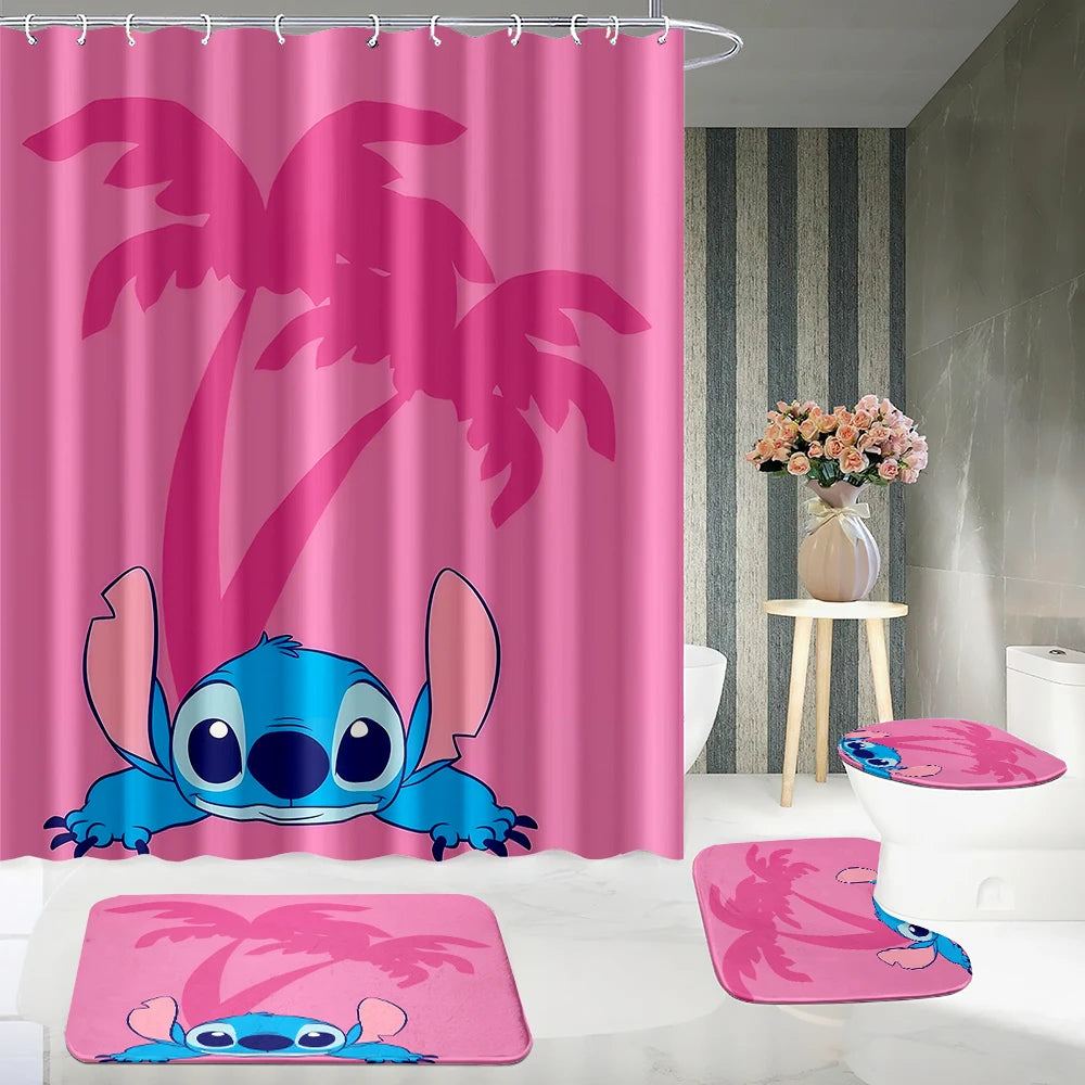 MINISO Cartoon Home Bathroom Set, Non Slip Floor Mats, U-shaped Mats, Toilet Seat Pads, Waterproof Shower Curtains with Hooks
