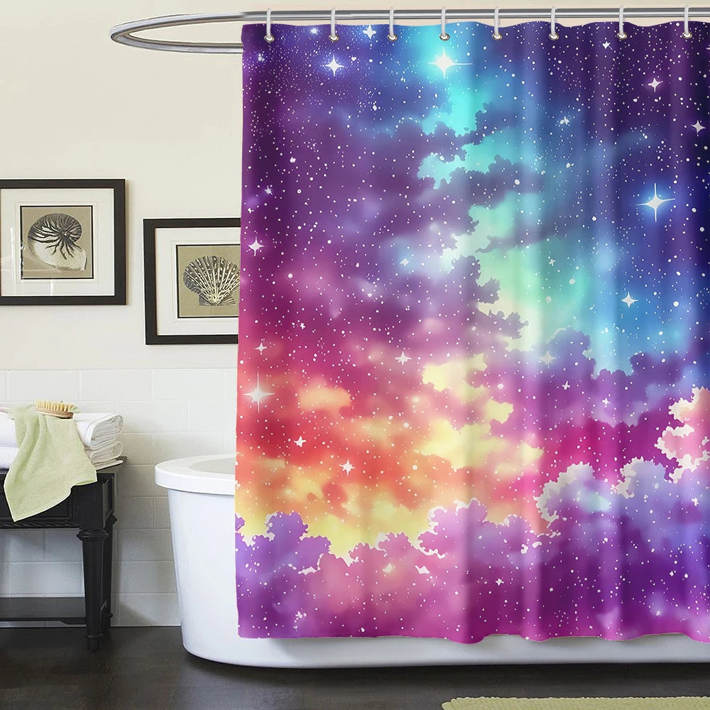 1/4 Piece Colorful Milky Way Starry Sky Shower Curtain Bathroom Set Anti Slip Floor Mat U-shaped Floor Mat with Hook Toilet Seat