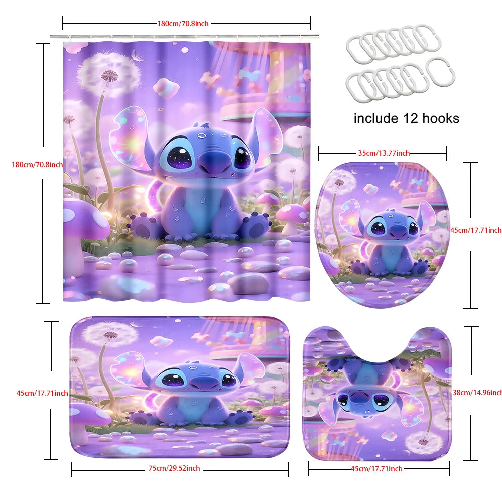 MINISO  Cartoon Home Bathroom Set, Non Slip Floor Mats, U-shaped Mats, Toilet Seat Pads, Waterproof Shower Curtains with Hooks