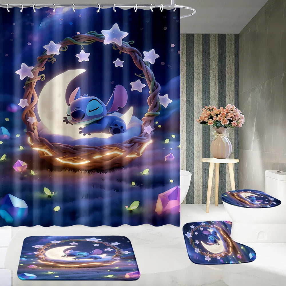 MINISO  Cartoon Home Bathroom Set, Non Slip Floor Mats, U-shaped Mats, Toilet Seat Pads, Waterproof Shower Curtains with Hooks