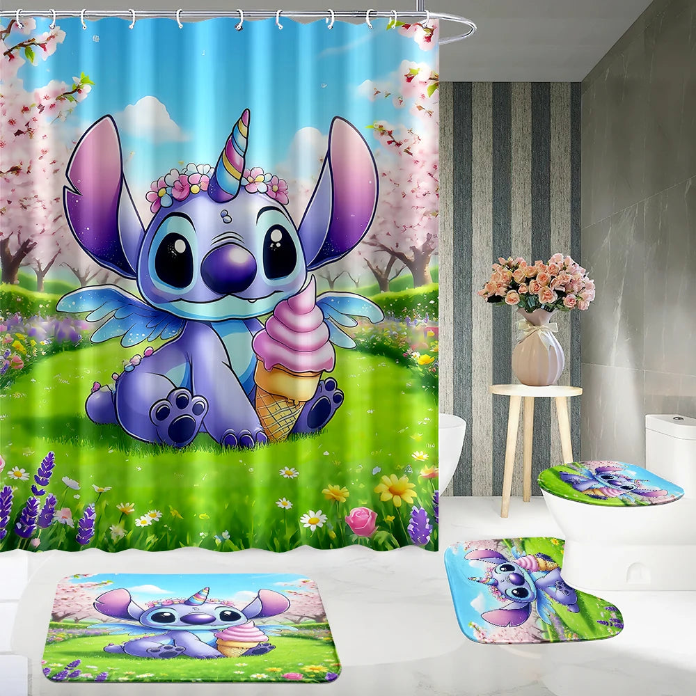 MINISO  Cartoon Home Bathroom Set, Non Slip Floor Mats, U-shaped Mats, Toilet Seat Pads, Waterproof Shower Curtains with Hooks