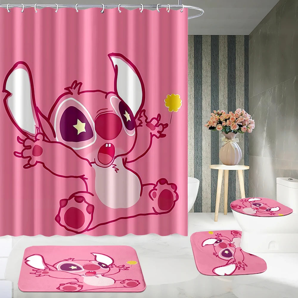 MINISO  Cartoon Home Bathroom Set, Non Slip Floor Mats, U-shaped Mats, Toilet Seat Pads, Waterproof Shower Curtains with Hooks
