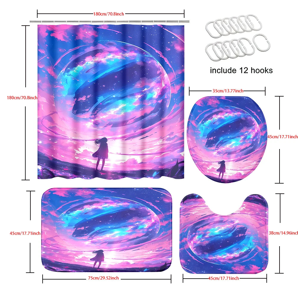 1/4 Piece Colorful Milky Way Starry Sky Shower Curtain Bathroom Set Anti Slip Floor Mat U-shaped Floor Mat with Hook Toilet Seat