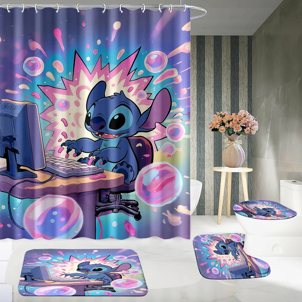 MINISO  Cartoon Home Bathroom Set, Non Slip Floor Mats, U-shaped Mats, Toilet Seat Pads, Waterproof Shower Curtains with Hooks