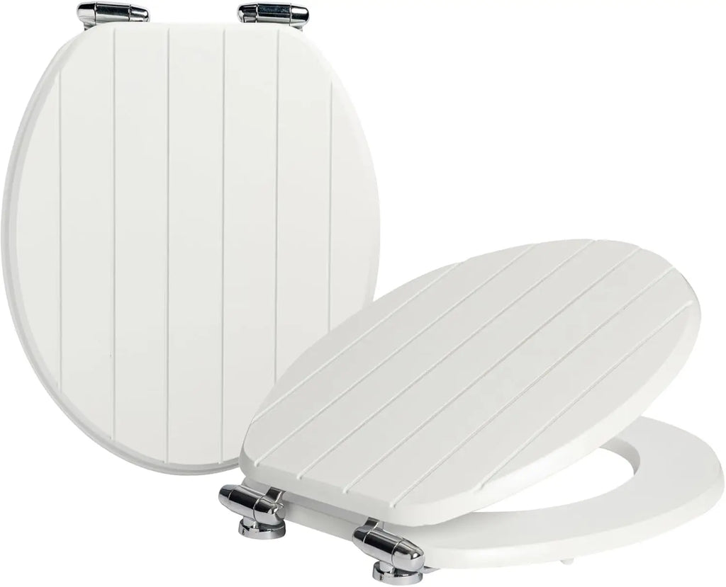 Housewares Soft Close Toilet Seats - White - Pack of 2 - Oval-Shaped Wooden Toilet Seat Antibacterial Loo Lid with Universal Chr