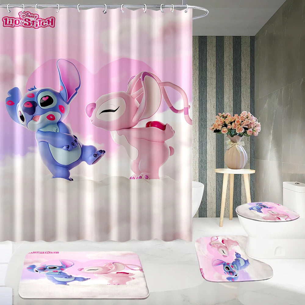 MINISO  Cartoon Home Bathroom Set, Non Slip Floor Mats, U-shaped Mats, Toilet Seat Pads, Waterproof Shower Curtains with Hooks