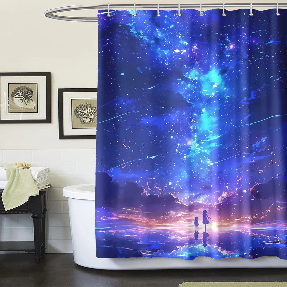1/4 Piece Colorful Milky Way Starry Sky Shower Curtain Bathroom Set Anti Slip Floor Mat U-shaped Floor Mat with Hook Toilet Seat