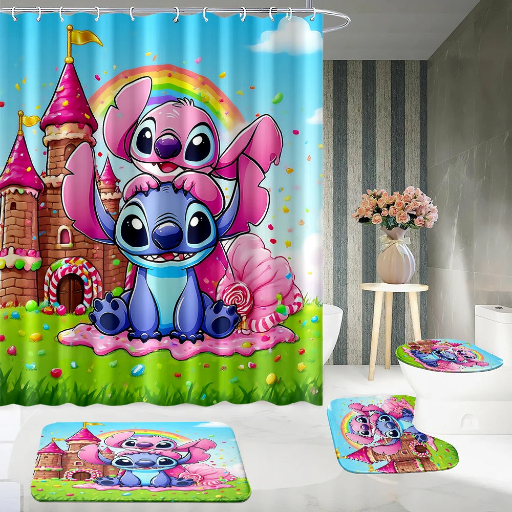 MINISO  Cartoon Home Bathroom Set, Non Slip Floor Mats, U-shaped Mats, Toilet Seat Pads, Waterproof Shower Curtains with Hooks