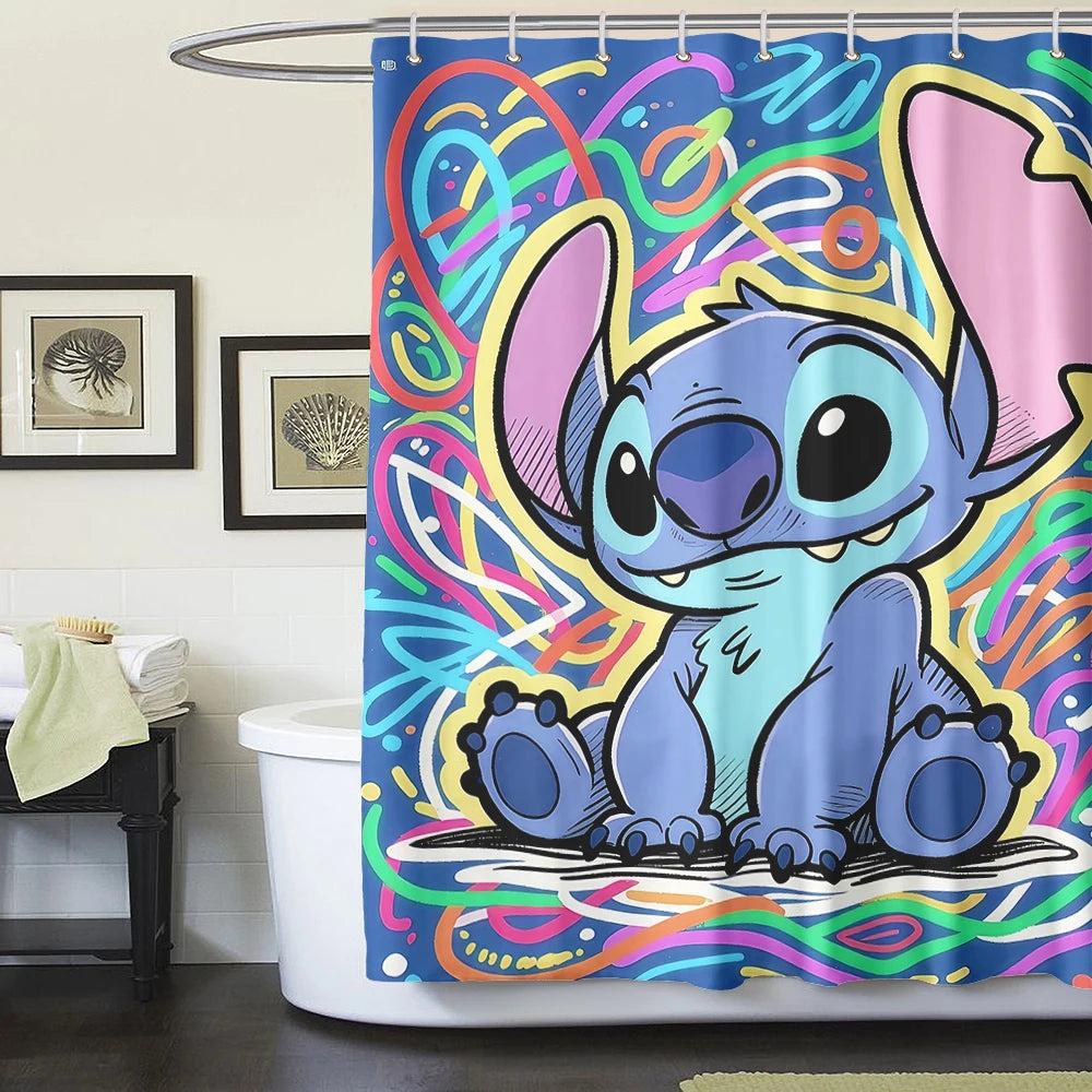 MINISO  Cartoon Home Bathroom Set, Non Slip Floor Mats, U-shaped Mats, Toilet Seat Pads, Waterproof Shower Curtains with Hooks