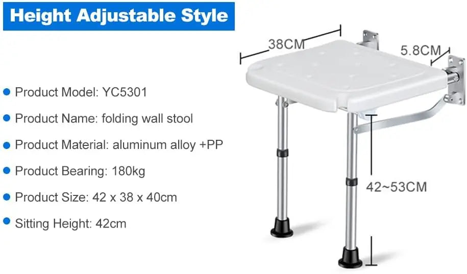 ngzhe Folding Bench Wall Mounted Flip-up Ba Seat Screw-in Bathroom Chair Stool wi Non-Slip Feet Drainage Holes Head Slot for E