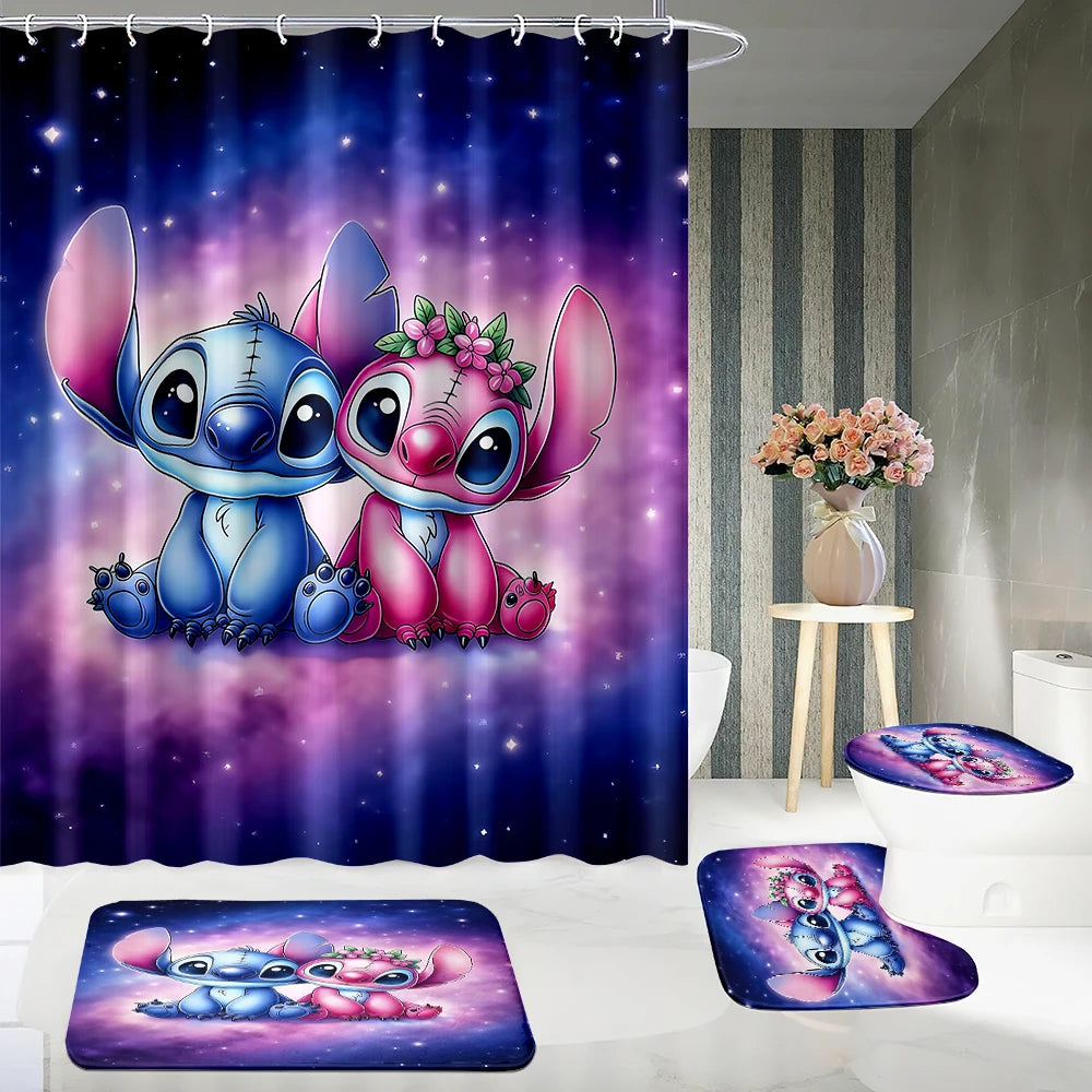 MINISO Cartoon Home Bathroom Set, Non Slip Floor Mats, U-shaped Mats, Toilet Seat Pads, Waterproof Shower Curtains with Hooks