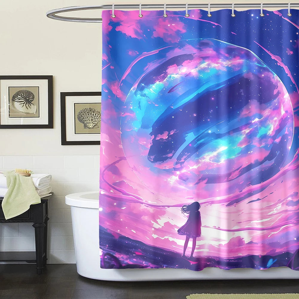 1/4 Piece Colorful Milky Way Starry Sky Shower Curtain Bathroom Set Anti Slip Floor Mat U-shaped Floor Mat with Hook Toilet Seat
