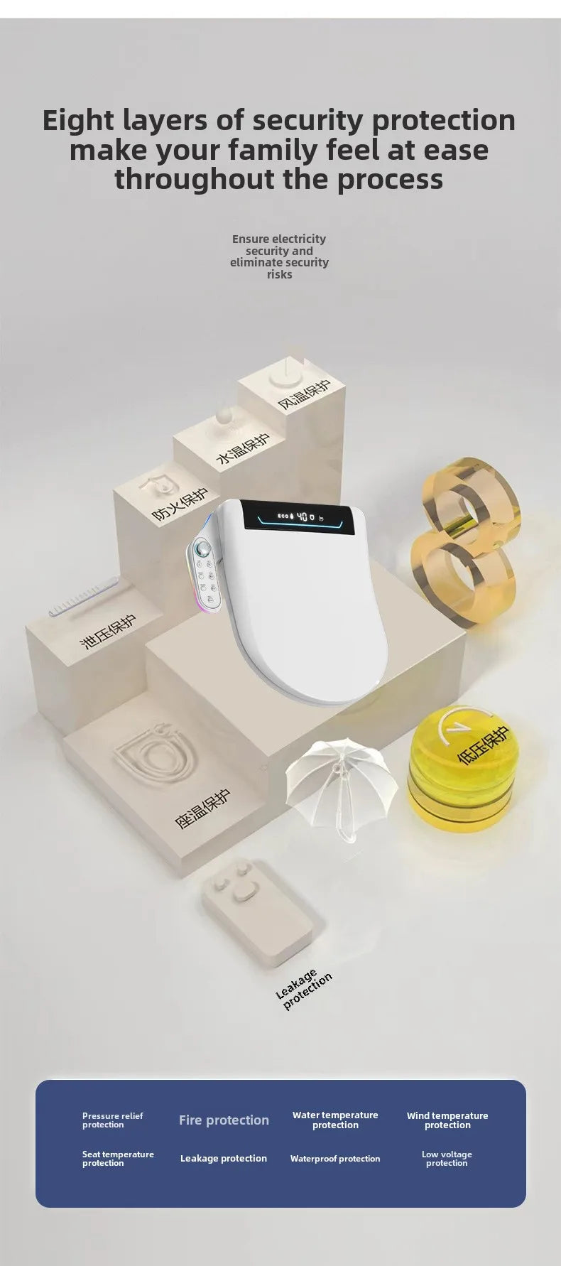 Smart Toilet Seat Cover with Instant Heating, Multi-function Wash, Foam Shield, Electric Bidet Lid for Household Bathroom