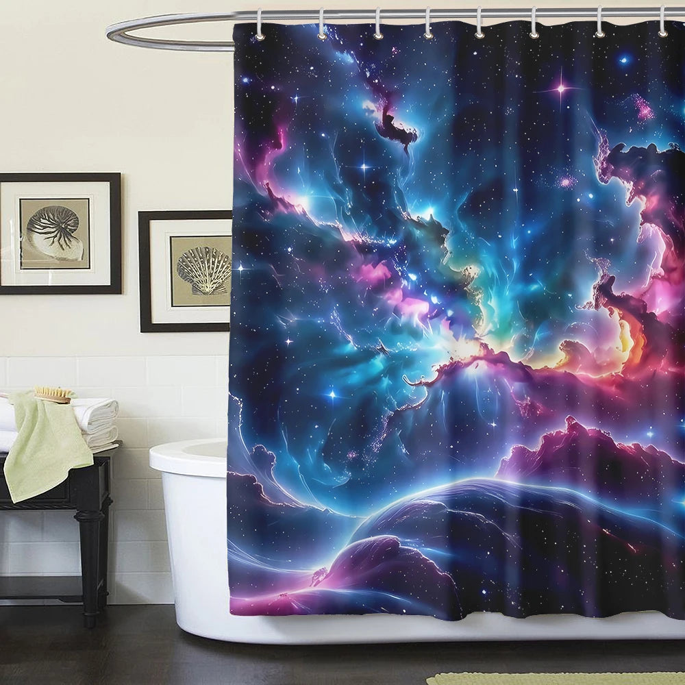 1/4 Piece Colorful Milky Way Starry Sky Shower Curtain Bathroom Set Anti Slip Floor Mat U-shaped Floor Mat with Hook Toilet Seat