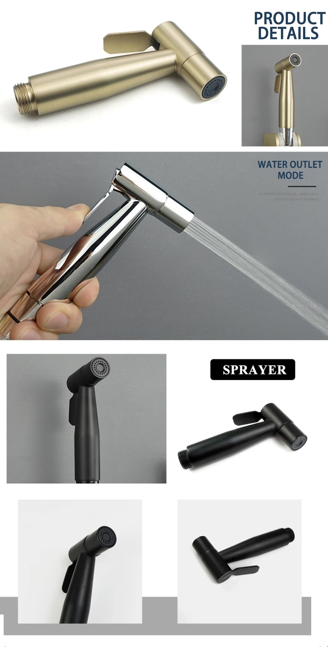 Brushed Gold Handheld Toilet Seat Bathtub Sprayer Stainless Steel Shower Handheld Spray Gun Wall-Mounted Bathroom Accessories