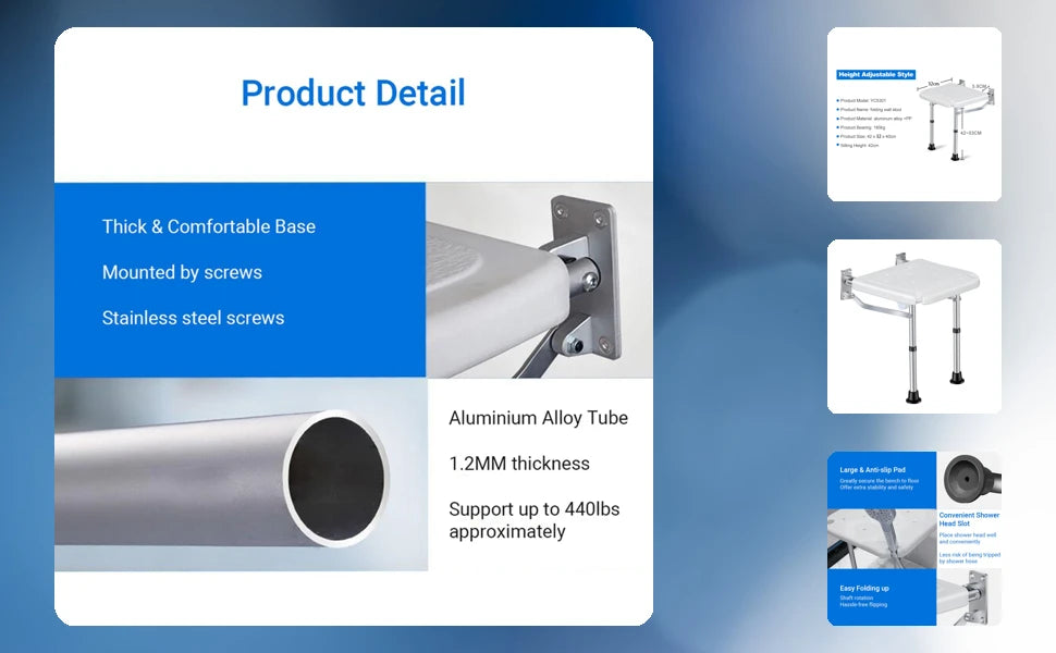 ngzhe Folding Bench Wall Mounted Flip-up Ba Seat Screw-in Bathroom Chair Stool wi Non-Slip Feet Drainage Holes Head Slot for E