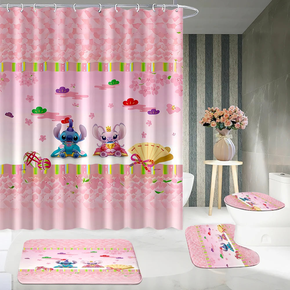 MINISO Cartoon Home Bathroom Set, Non Slip Floor Mats, U-shaped Mats, Toilet Seat Pads, Waterproof Shower Curtains with Hooks